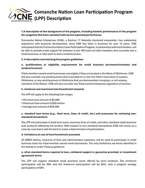 Comanche Nation Loan Participation Program (LLP) Description